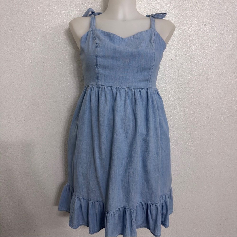 Light Blue Chambray Sundress with Tie Straps & Ruffle Hem